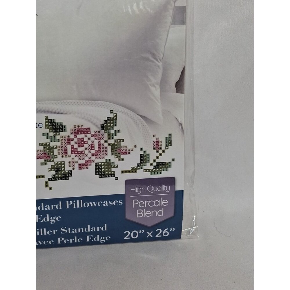 2 pk Leisure Arts Stamped Cross Stitch Pillowcases 20"x26" Cottage Rose White - Picture 4 of 7